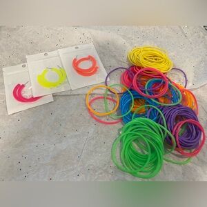 80s Jewelry. 3 unopened pairs of neon hoop earrings and stretchy bracelets